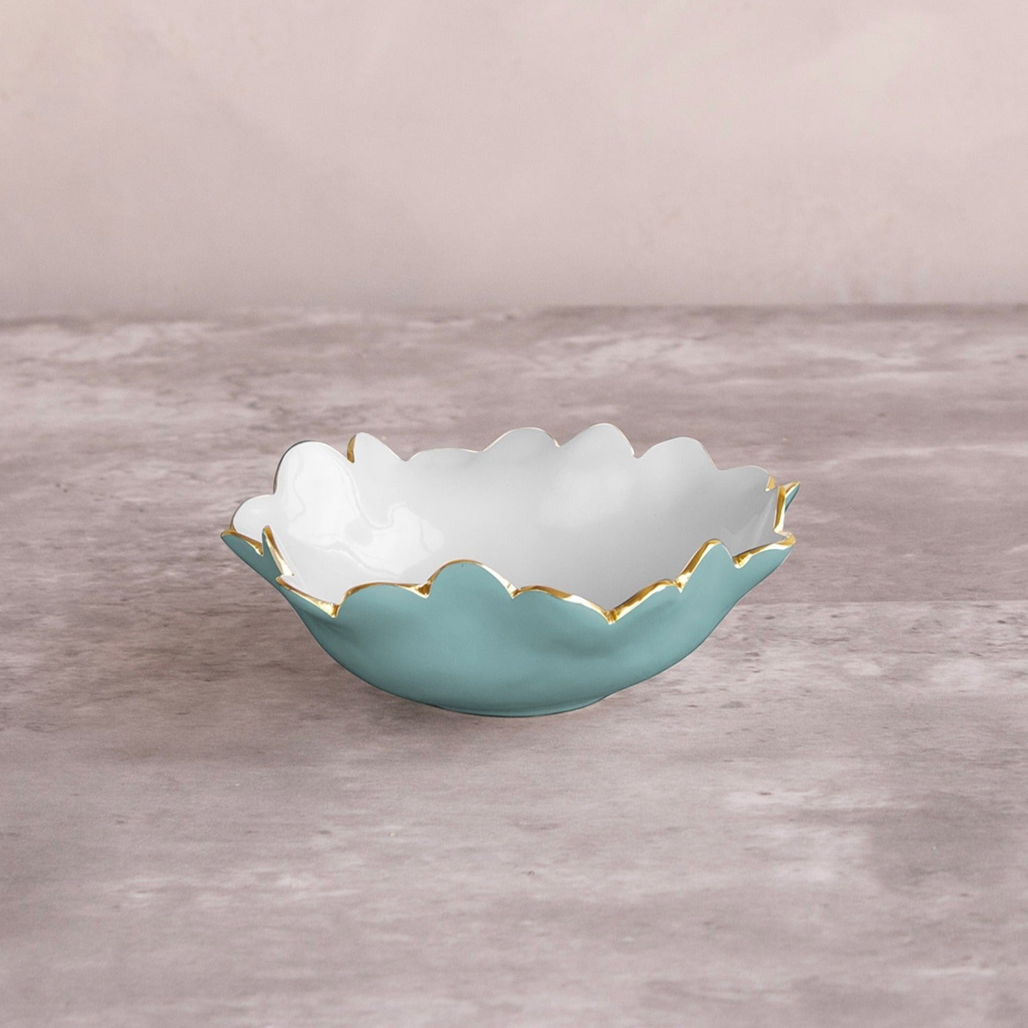 Mellow Monkey ENCANTO Colette mini round bowl in turquoise and white with gold trim and petal-like rim. Ideal for snacks, dips, or jewelry.