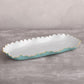 Mellow Monkey ENCANTO Colette oblong tray in turquoise and white with scalloped gold rim, 17.5 inches. Ideal for serving appetizers or desserts.