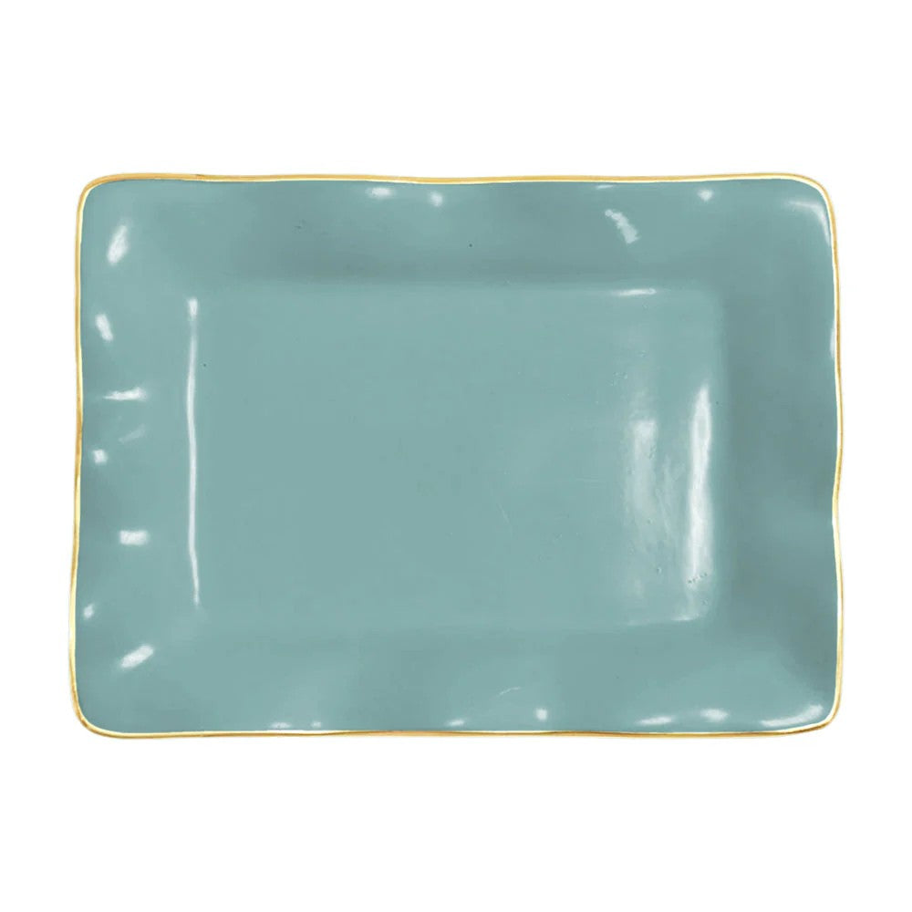 Mellow Monkey ENCANTO Vento small rectangular tray in turquoise with gold trim. Made of aluminum alloy with enamel finish.