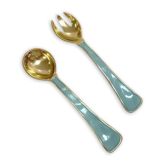 Mellow Monkey ENCANTO Soho salad servers in turquoise with gold accents. Set includes a spoon and a fork, 11.25-in.