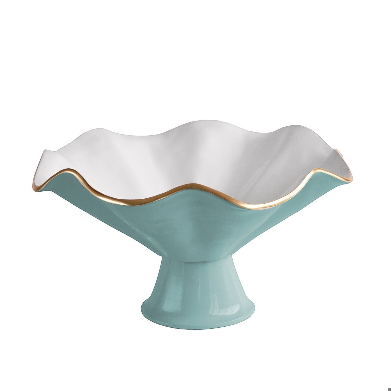 Mellow Monkey ENCANTO Vento Pedestal in turquoise and white with gold trim, 14-inch sculptural serving bowl.