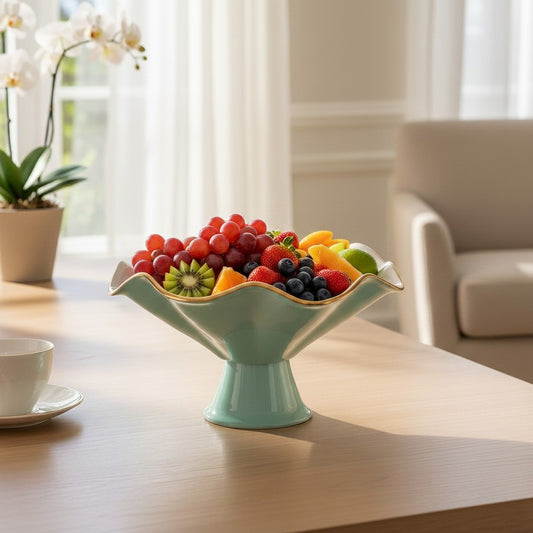 Mellow Monkey ENCANTO Vento Pedestal in turquoise and white, 14-inch, serving cake slices topped with berries and mint.