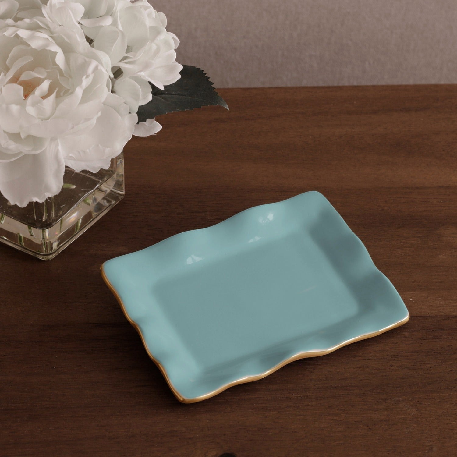 Mellow Monkey ENCANTO Vento small rectangular turquoise tray with gold trim, 7-in, made of aluminum alloy with enamel finish.