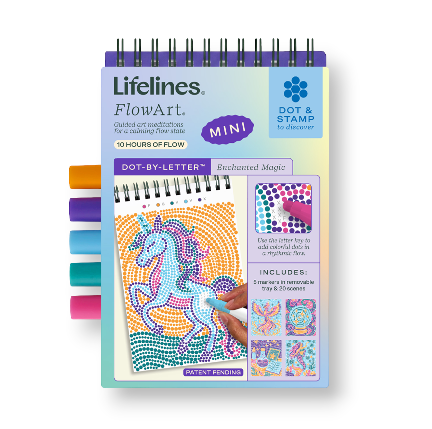 Mellow Monkey Enchanted Magic MINI FlowArt dot-by-letter activity pad with markers and unicorn dotting scene.