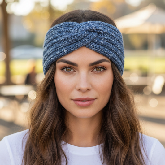 Mellow Monkey Errin knit twist winter headband in Pacific Blue worn by a woman with long brown hair