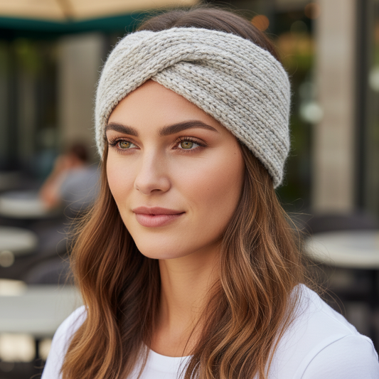 Mellow Monkey Errin knit twist winter headband in sugar beige worn by a woman outdoors