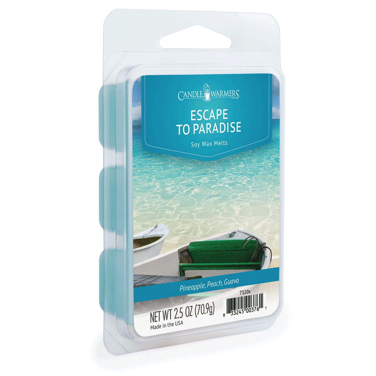 Mellow Monkey Escape to Paradise soy wax melts in a 6-cube plastic tray with tropical beach packaging