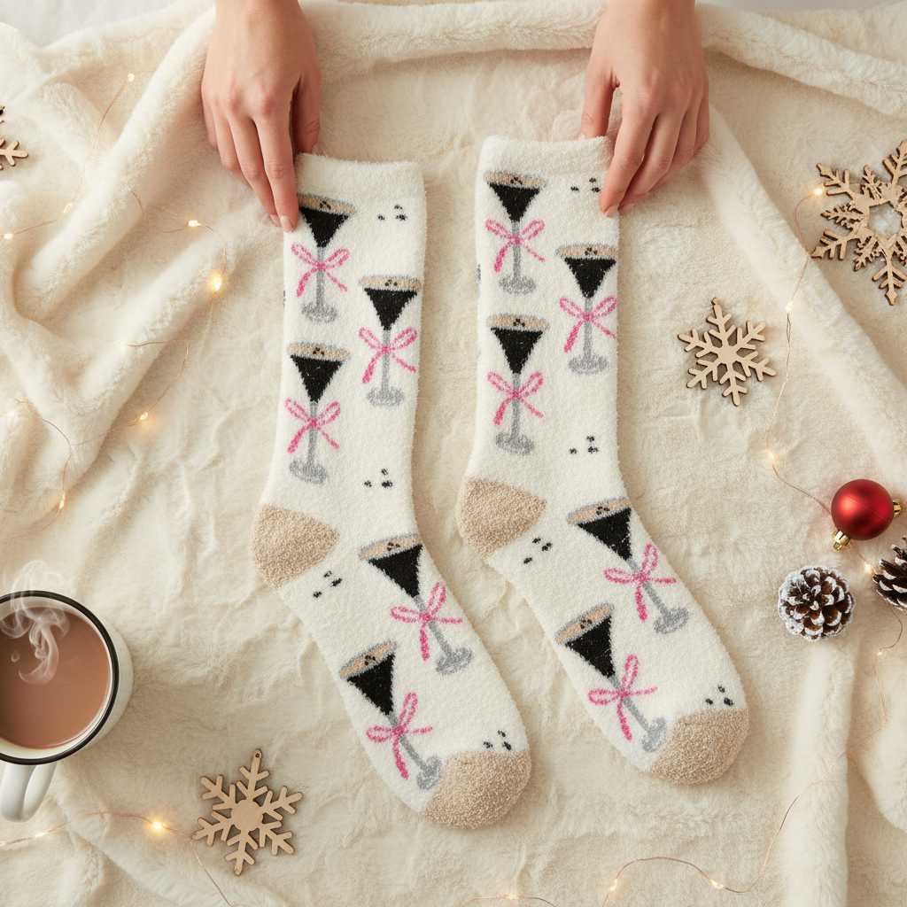 Mellow Monkey cozy crew socks in cream with an espresso martini print, held over a soft white faux fur blanket.