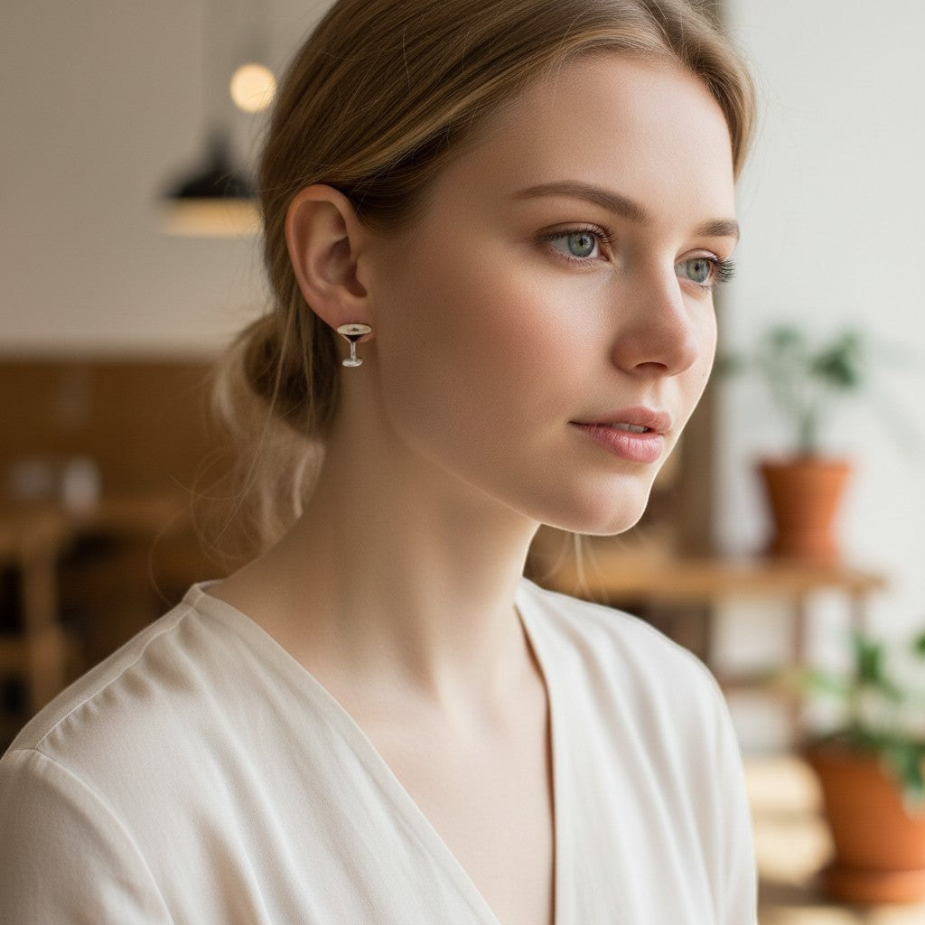 Mellow Monkey handmade espresso martini stud earrings worn by a woman in a bright, casual setting.