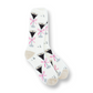 Mellow Monkey cozy crew socks in cream featuring an espresso martini print with pink bows and soft plush texture.