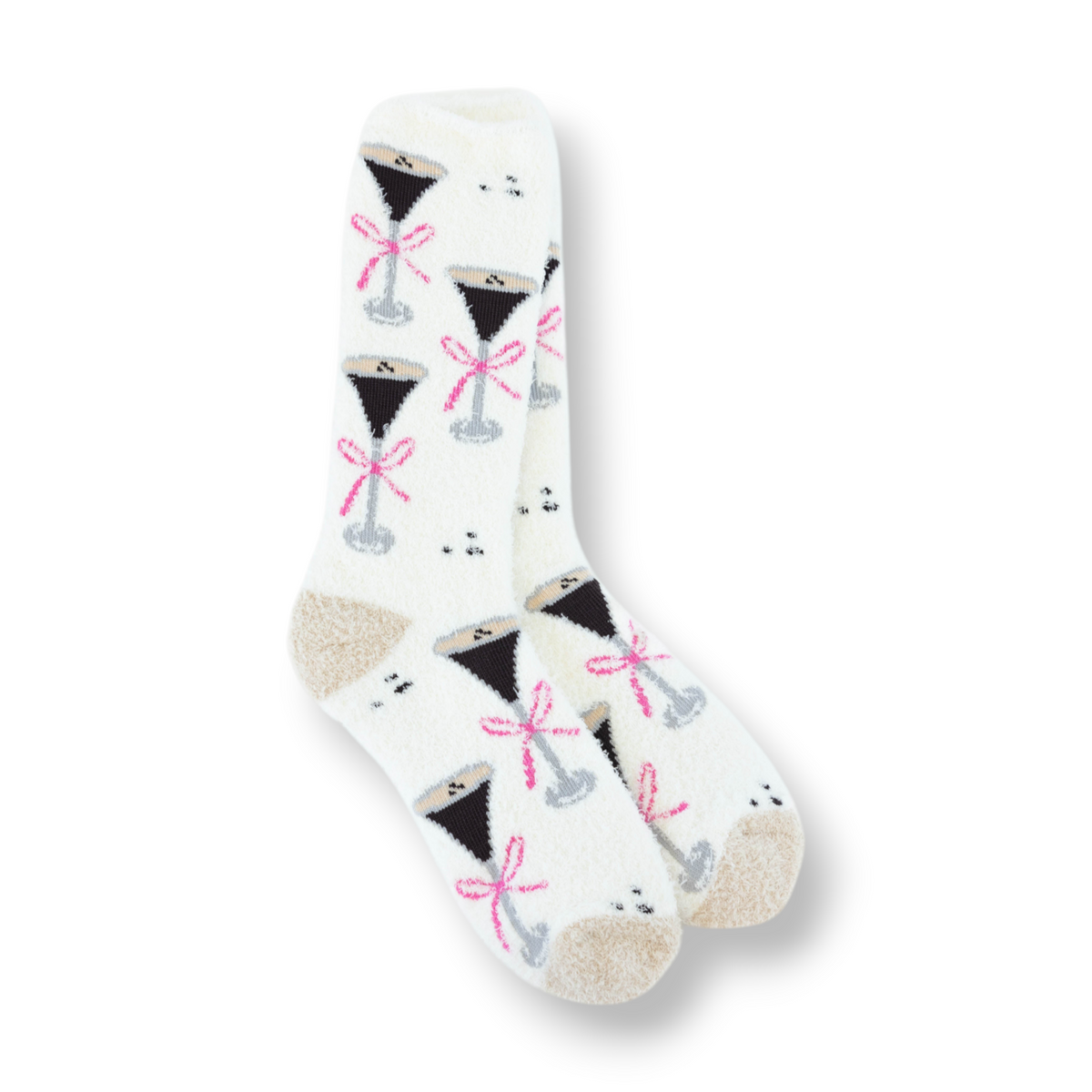 Mellow Monkey cozy crew socks in cream featuring an espresso martini print with pink bows and soft plush texture.