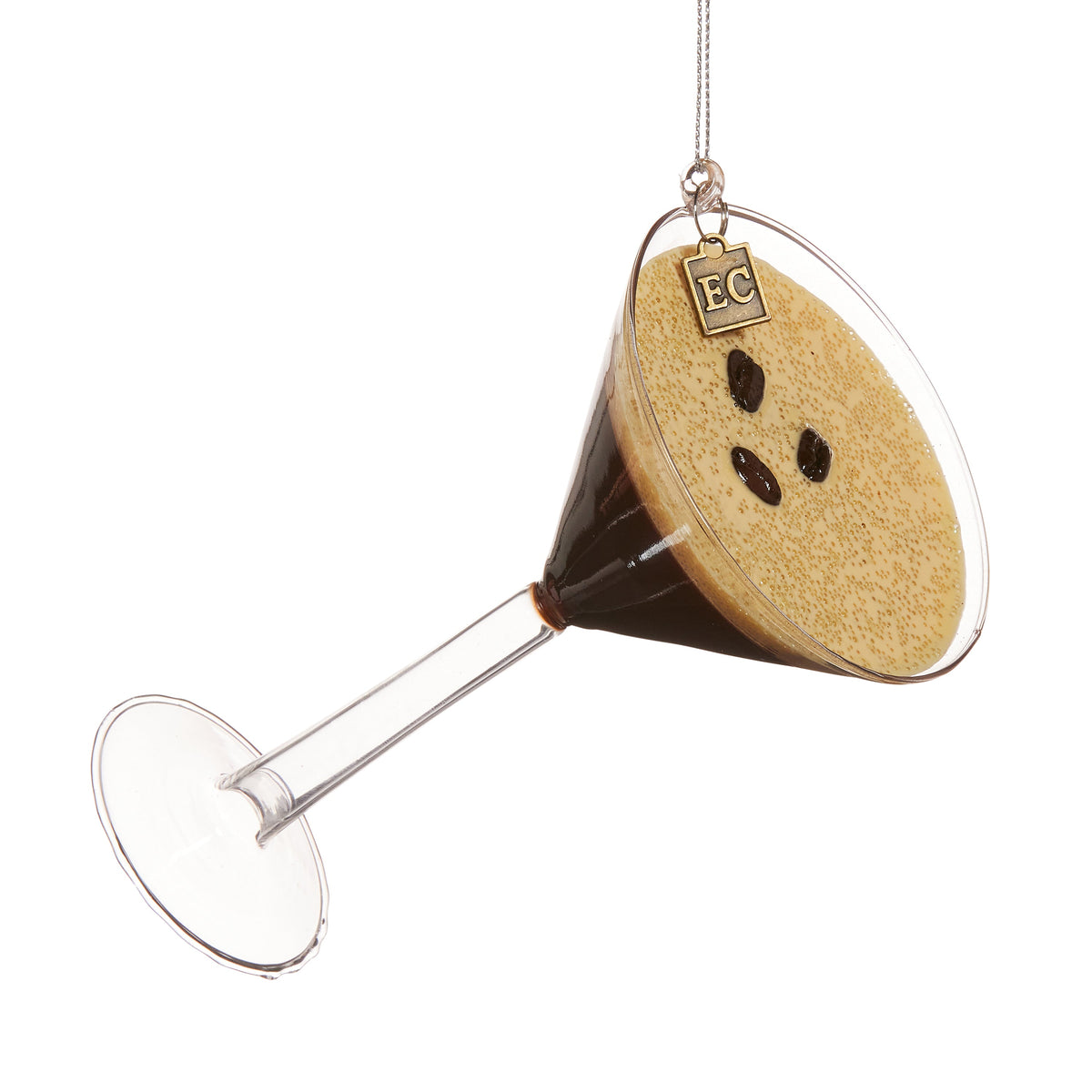 Mellow Monkey Chocolate Espresso Martini glass ornament with coffee bean garnish and EC charm on a silver string