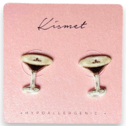Mellow Monkey espresso martini cocktail stud earrings with hypoallergenic stainless steel posts on pink display card