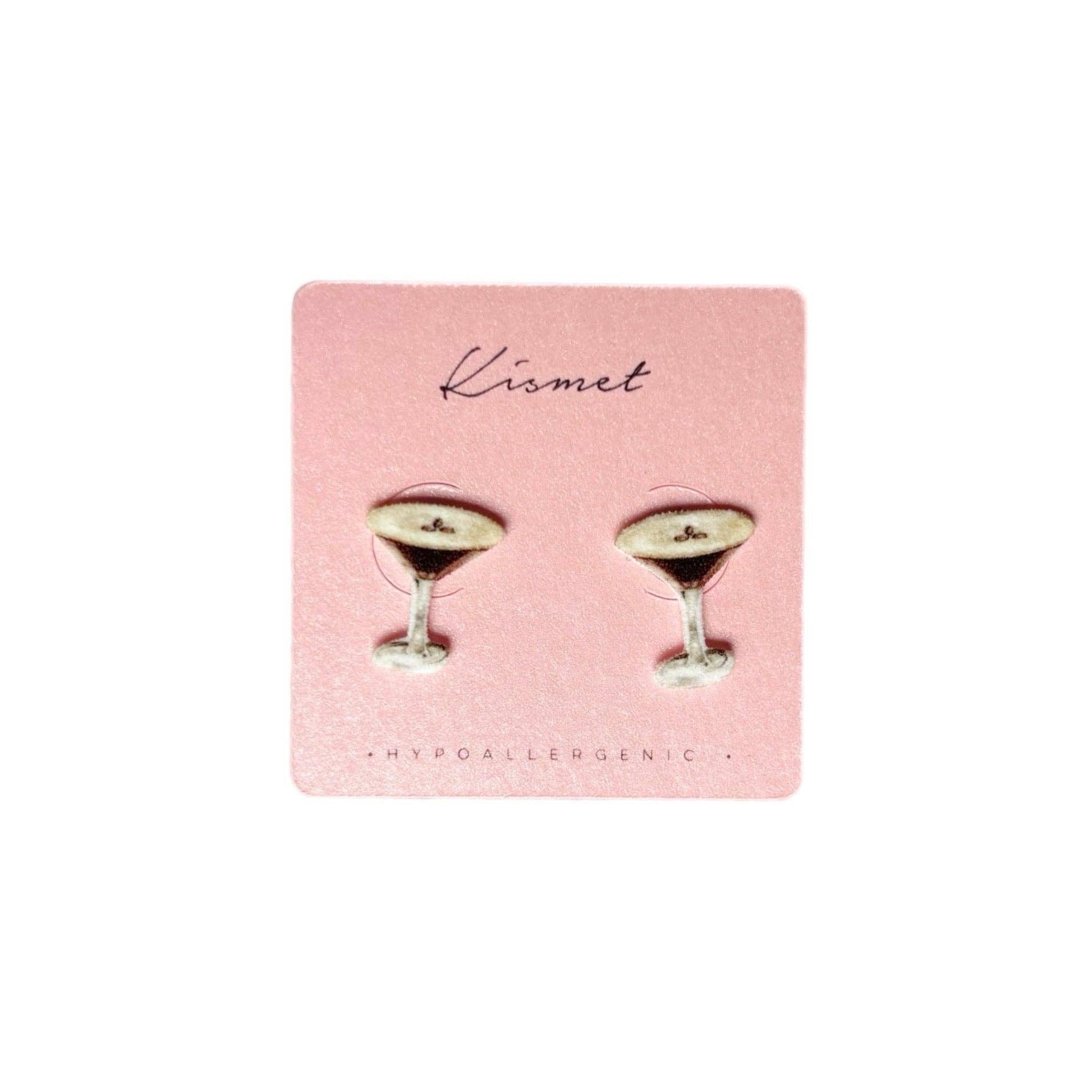 Mellow Monkey espresso martini stud earrings with hypoallergenic stainless steel posts on a pink display card.