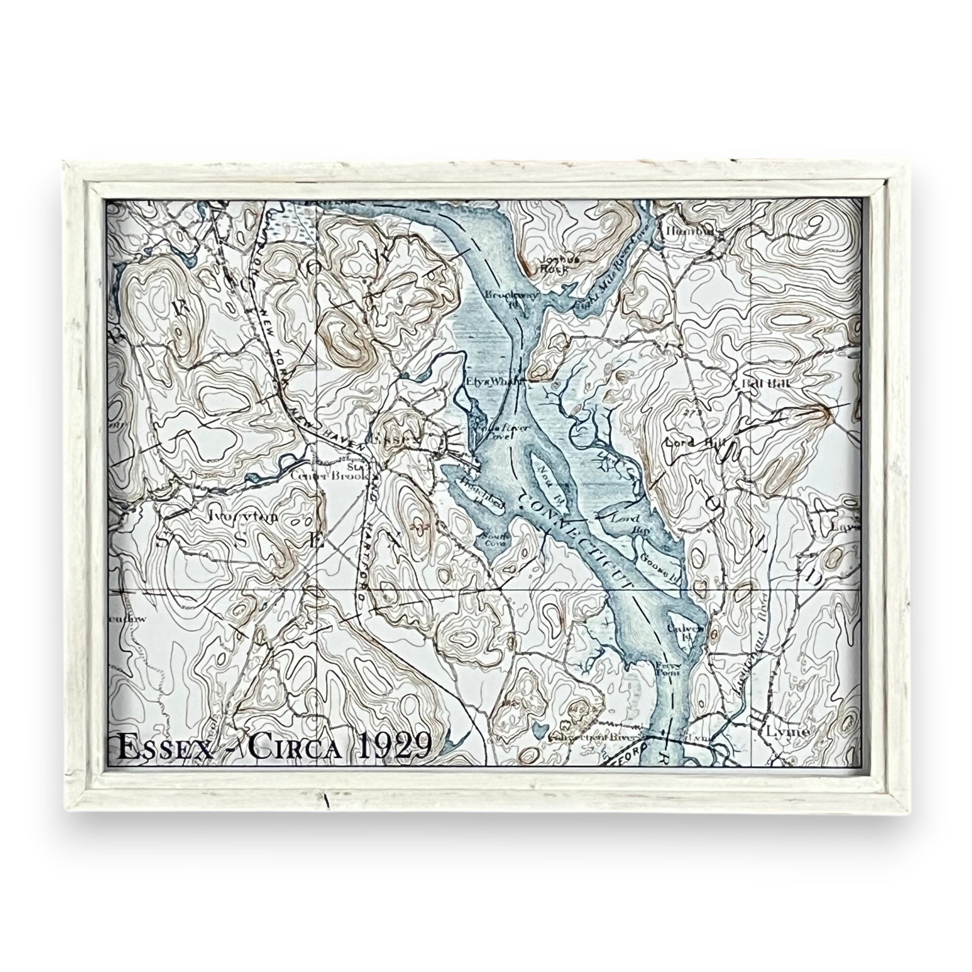 Mellow Monkey vintage map of Essex, Connecticut circa 1929, framed in whitewash shadowbox with print on glass.