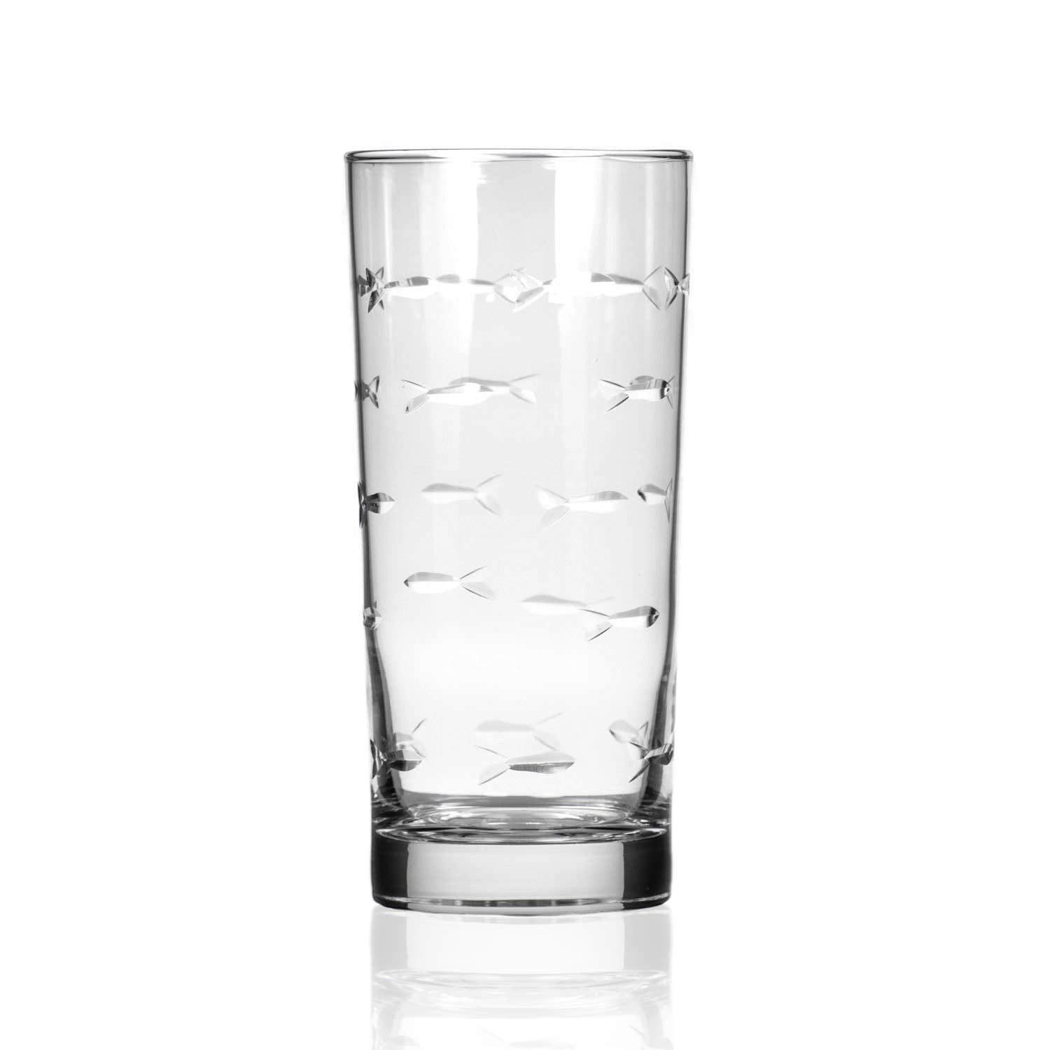 Mellow Monkey 15-oz highball glass with diamond-wheel etched school of fish design on clear domestic glass