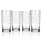Mellow Monkey set of four 15-oz highball glasses with diamond-wheel etched school of fish design on clear glass.