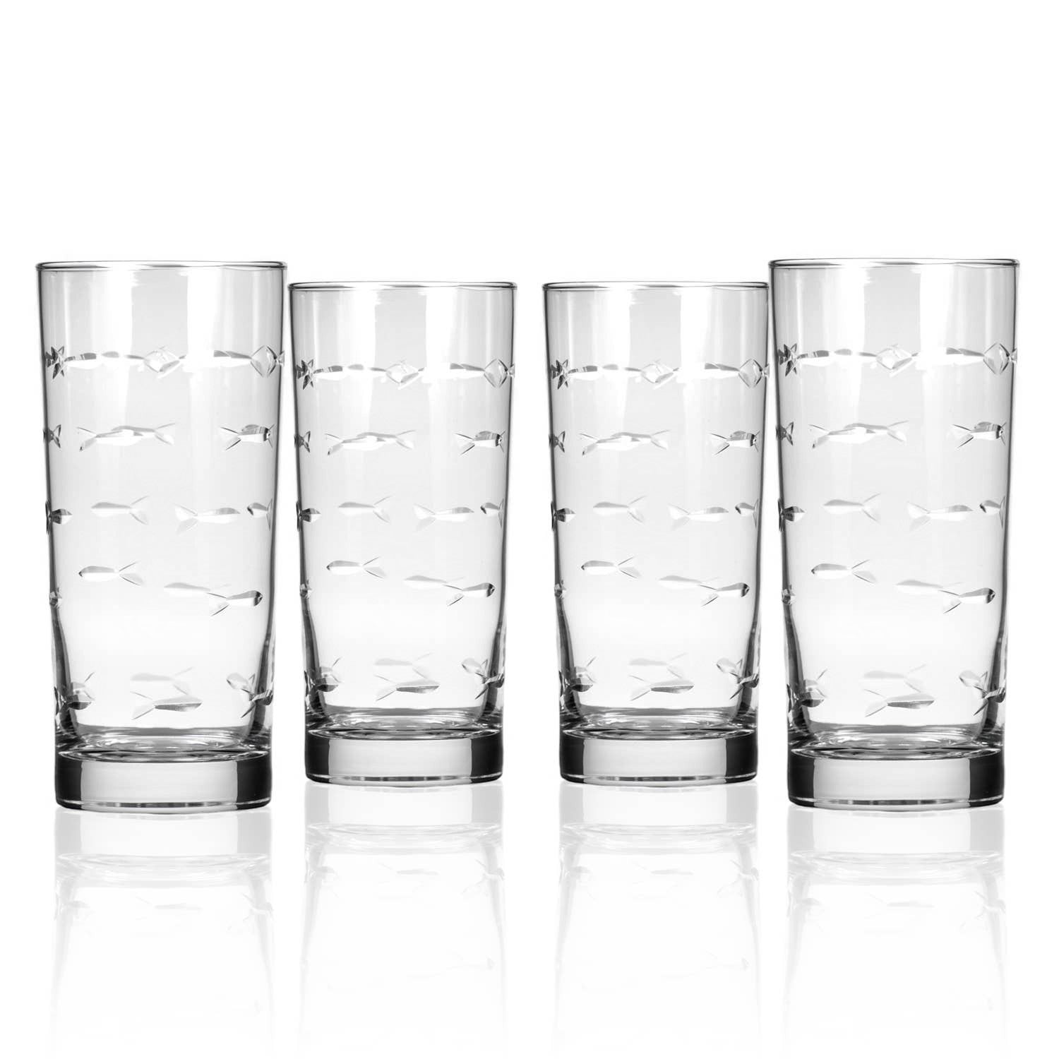 Mellow Monkey set of four 15-oz highball glasses with diamond-wheel etched school of fish design on clear glass.