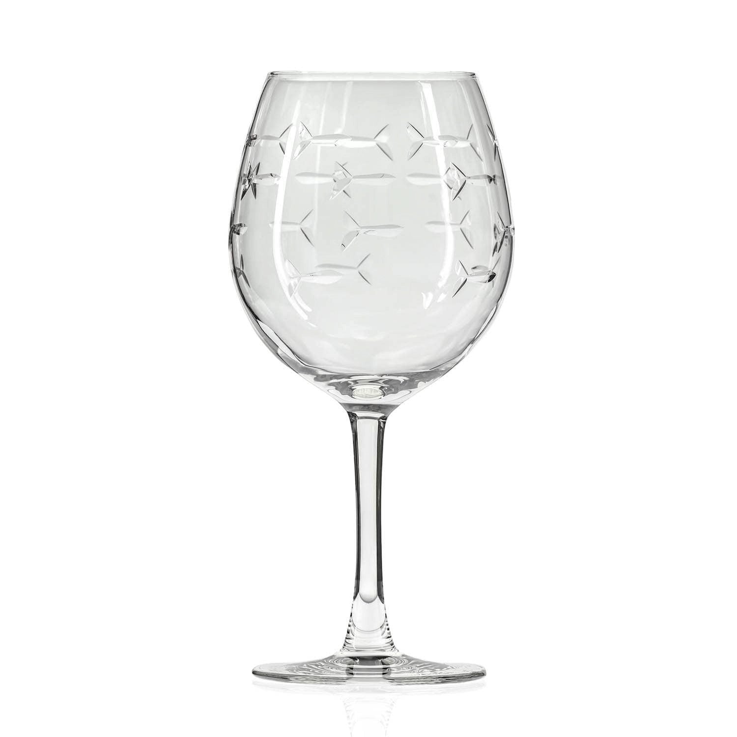 Mellow Monkey 18-oz balloon red wine glass featuring an etched school of fish design on clear domestic glass.
