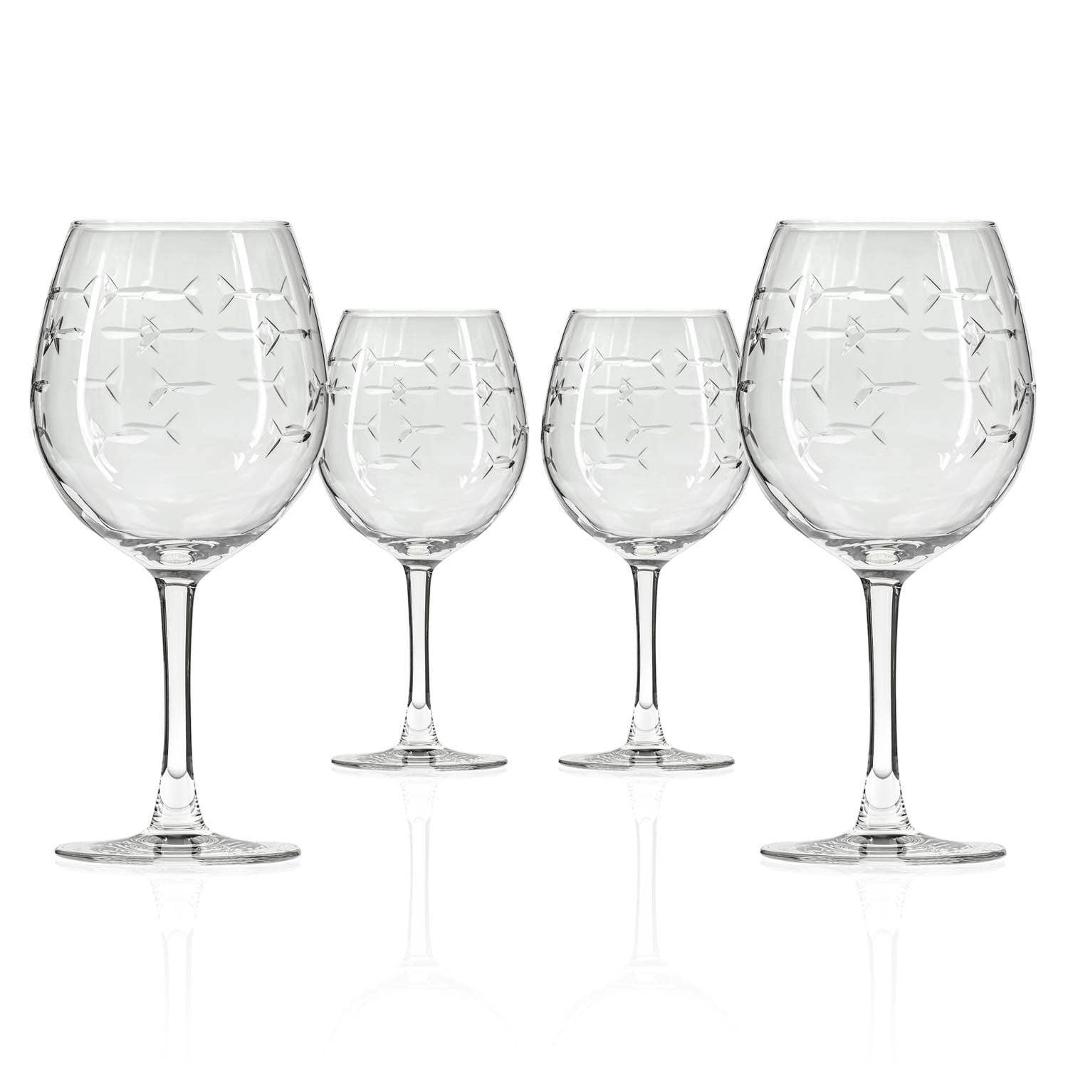 Mellow Monkey set of four clear glass balloon red wine glasses with etched school of fish design