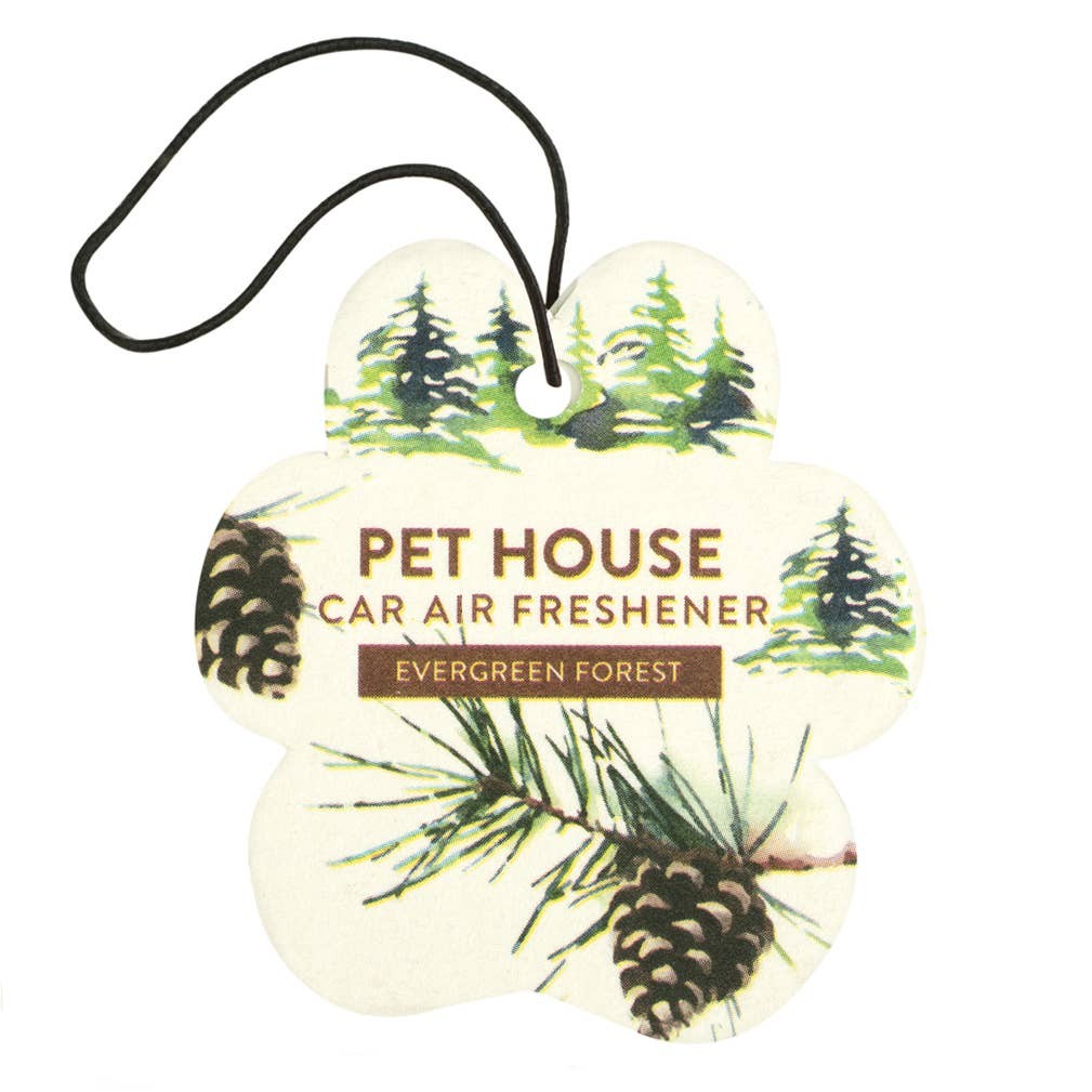 Mellow Monkey paw-shaped Evergreen Forest car air freshener with pine tree and cone illustration