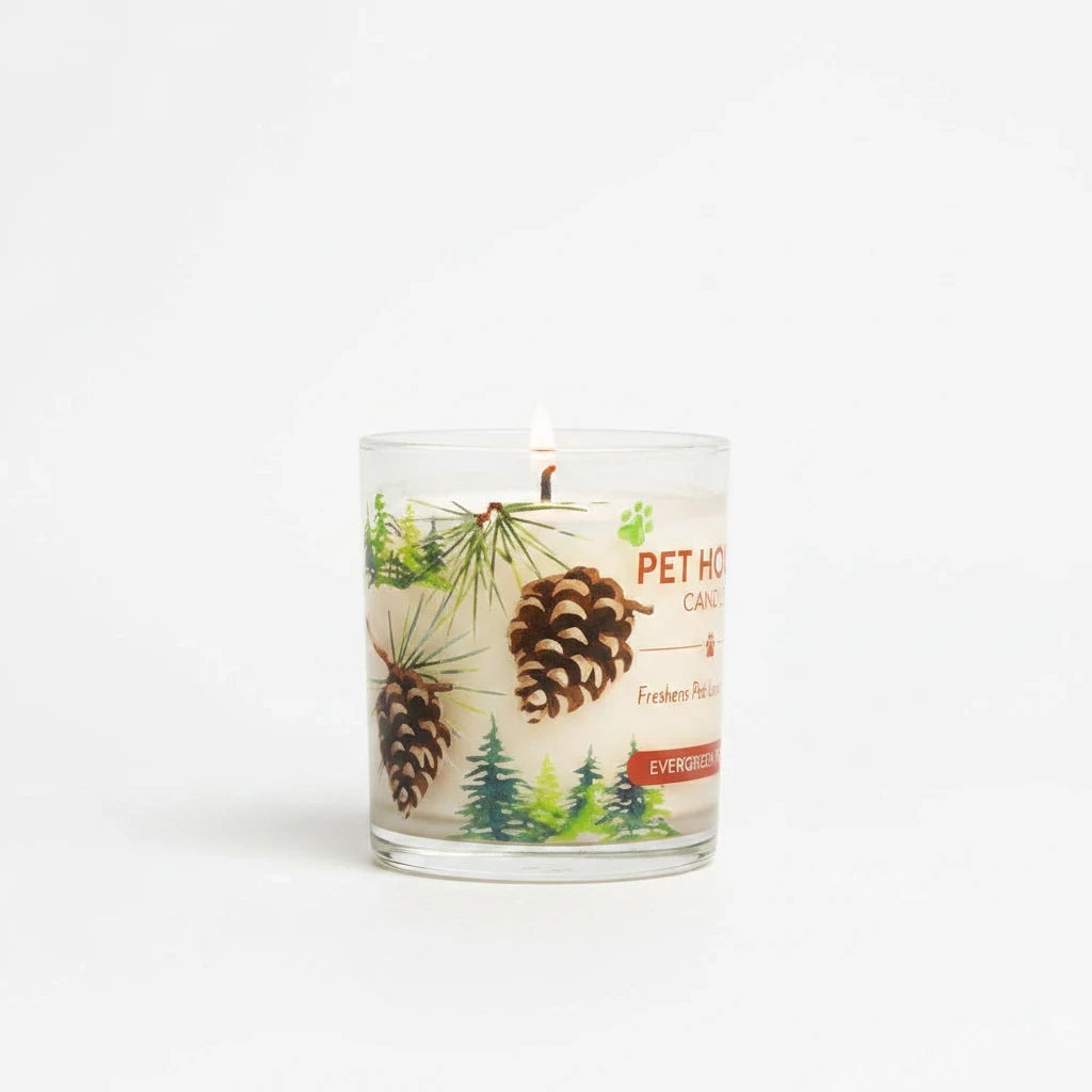 Mellow Monkey Pet House candle in Evergreen Forest scent with pine cone and forest illustrations on a glass jar