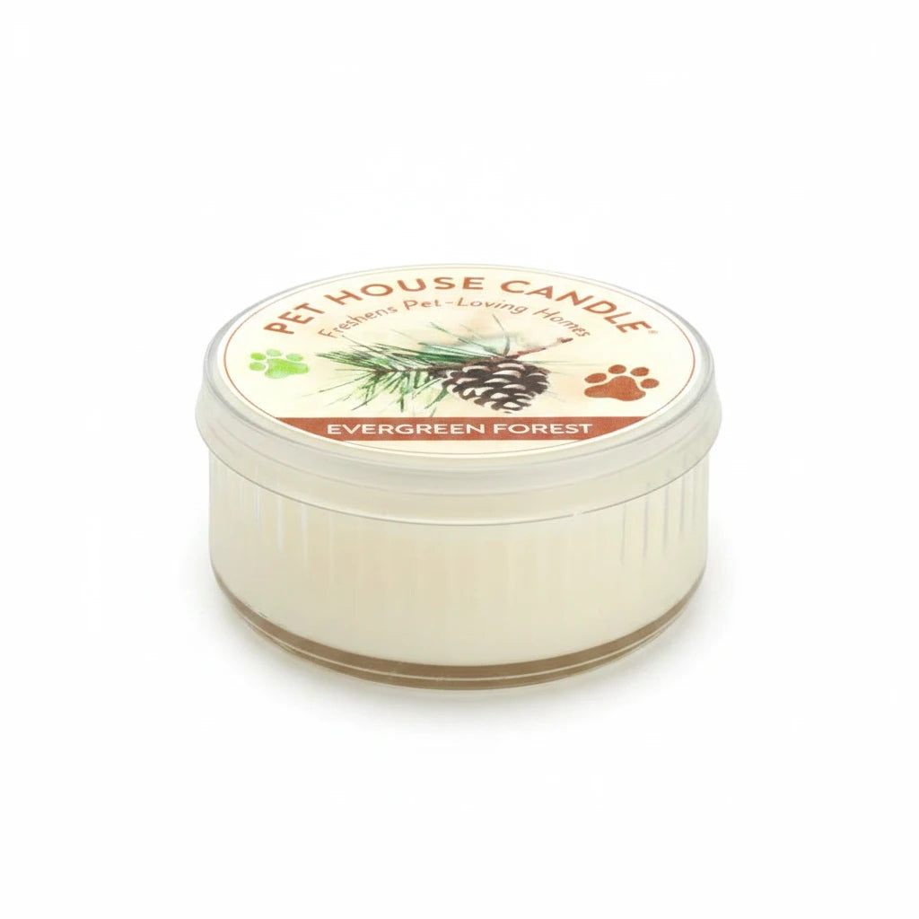 Mellow Monkey Evergreen Forest Pet House mini candle in a clear jar with a pine cone and paw print label design
