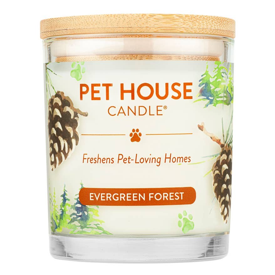 Mellow Monkey Pet House Candle in Evergreen Forest scent with a pine cone illustration and bamboo lid