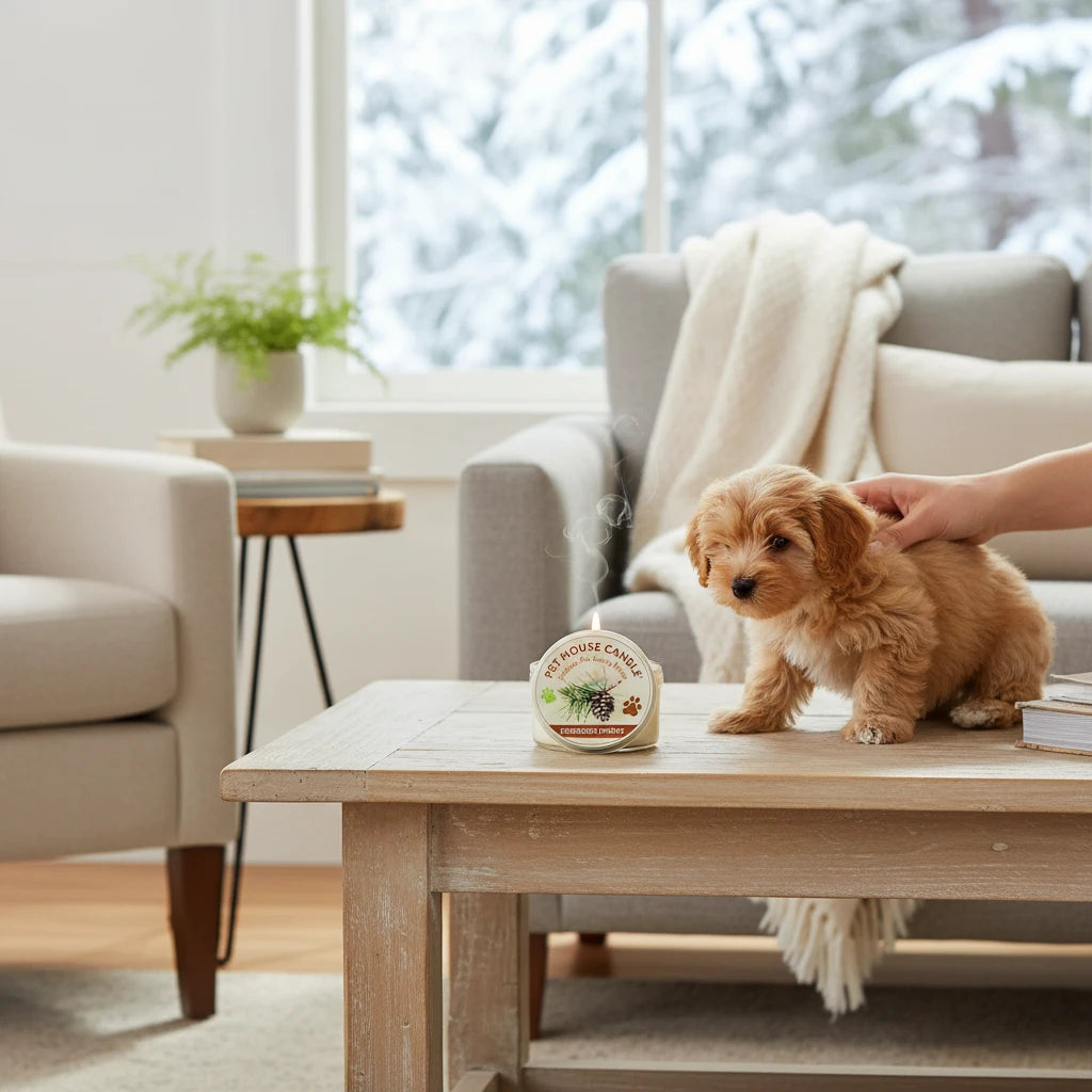 Mellow Monkey Pet House mini candle in Evergreen Forest scent burning on a wooden table next to a cute puppy