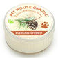 Mellow Monkey Pet House mini candle in Evergreen Forest scent with pine cone illustration in a clear glass jar