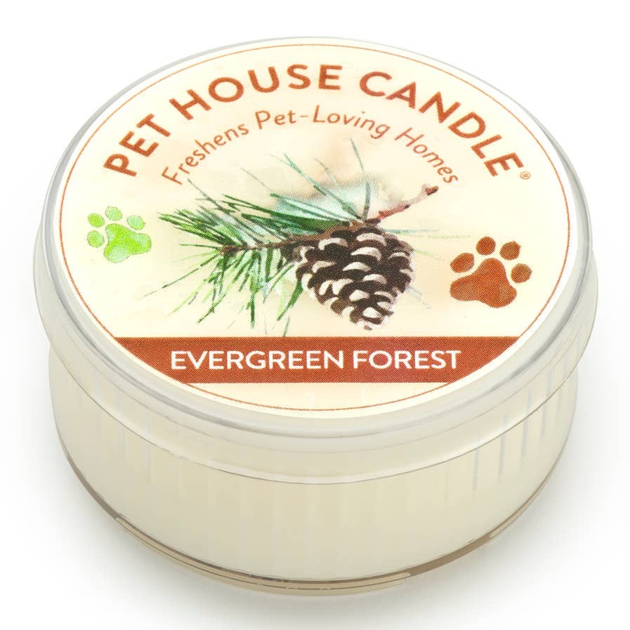 Mellow Monkey Pet House mini candle in Evergreen Forest scent with pine cone illustration in a clear glass jar