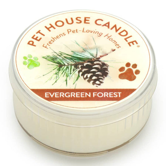 Mellow Monkey Pet House mini candle in Evergreen Forest scent with pine cone illustration in a clear glass jar