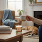 Mellow Monkey Pet House Candle in Evergreen Forest scent burning on a wooden table with a cozy living room background