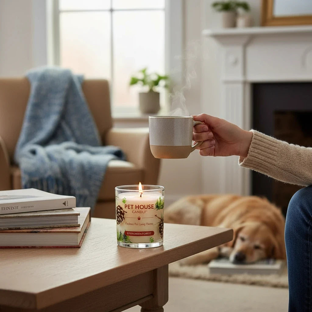 Mellow Monkey Pet House Candle in Evergreen Forest scent burning on a wooden table with a cozy living room background