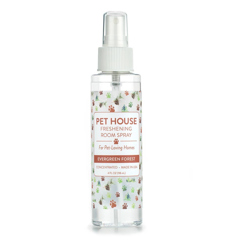 Mellow Monkey Pet House room spray in Evergreen Forest scent, a 4 oz clear bottle with pine and paw print pattern.