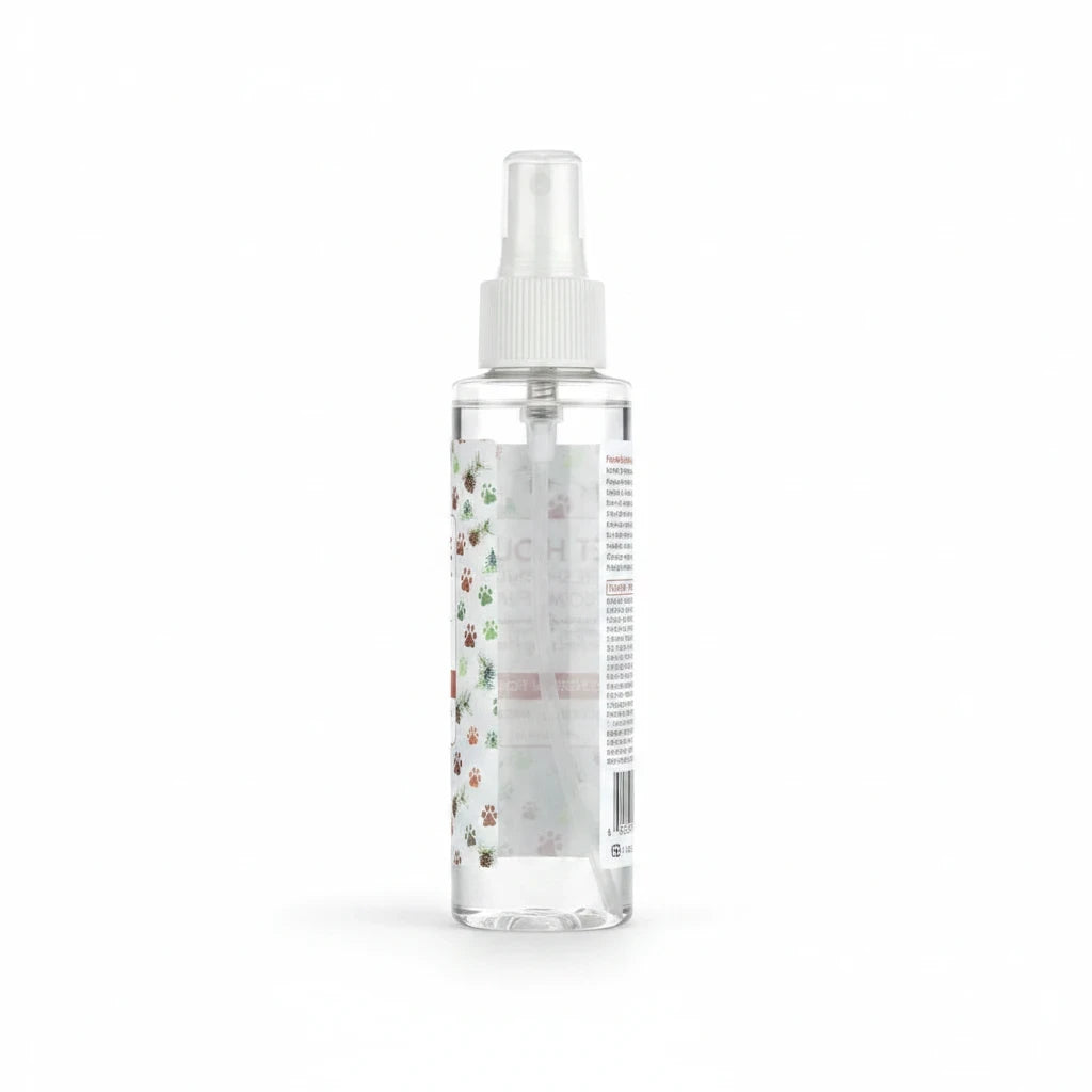 Mellow Monkey Evergreen Forest pet house room spray in a clear 4-fl-oz bottle with paw print label design