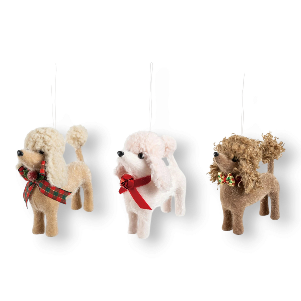 Mellow Monkey set of three handcrafted fabric poodle Christmas ornaments with festive bows and curly textured fur