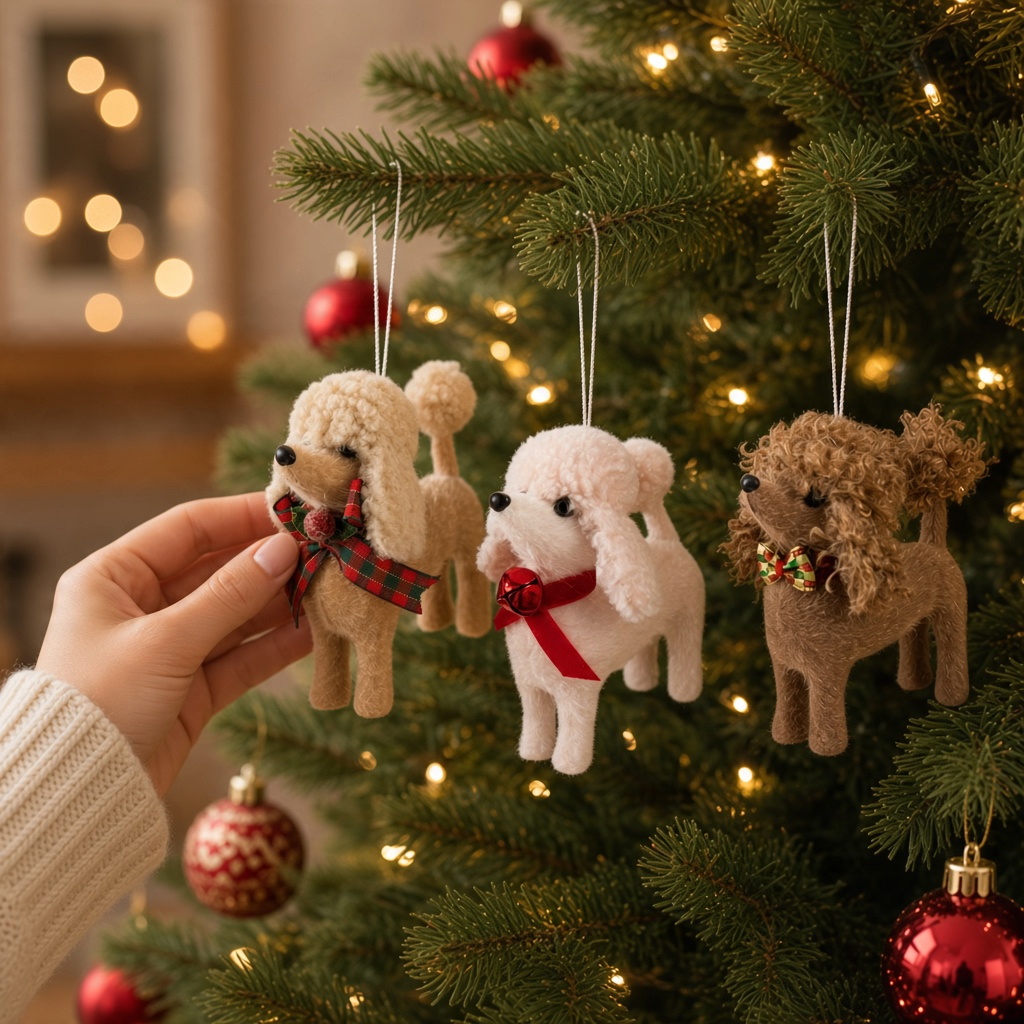 Mellow Monkey fabric poodle ornaments with bows hanging on a Christmas tree, featuring curly fur and festive ribbons.