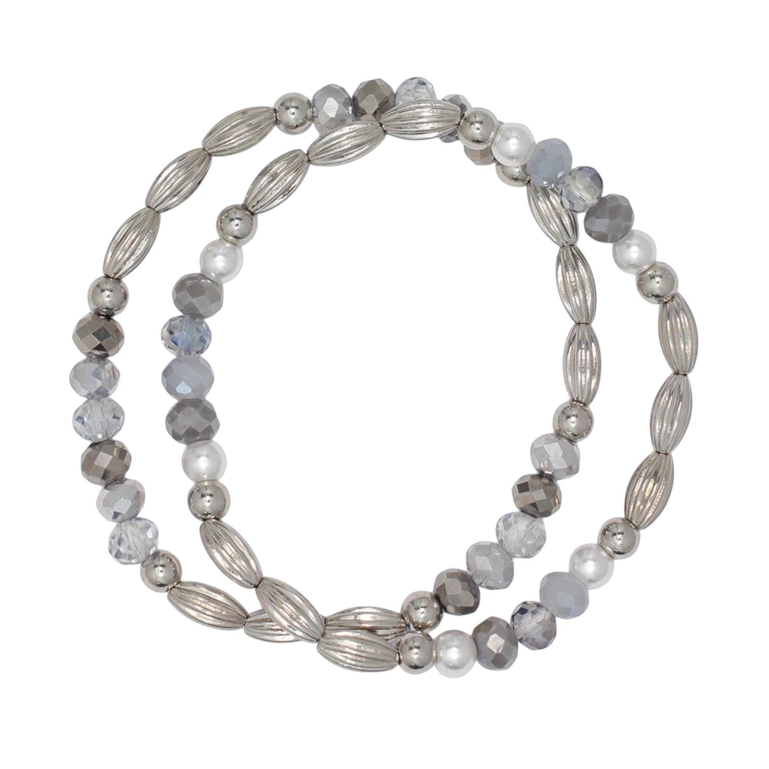 Mellow Monkey coastal bracelet featuring faceted gray beads and silver metallic accents for a beachy style.