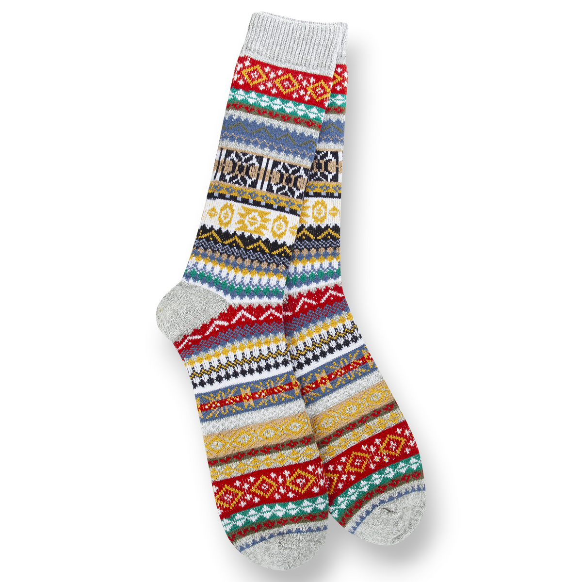 Mellow Monkey World's Softest 1902 Collection studio crew socks in heather gray with a colorful fair isle pattern