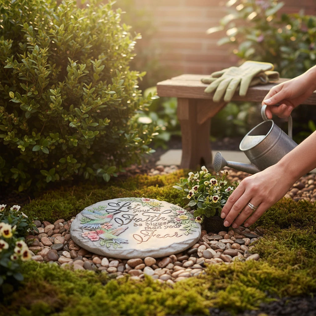 Mellow Monkey round garden stepping stone with floral hummingbird design and inspirational faith quote in a garden