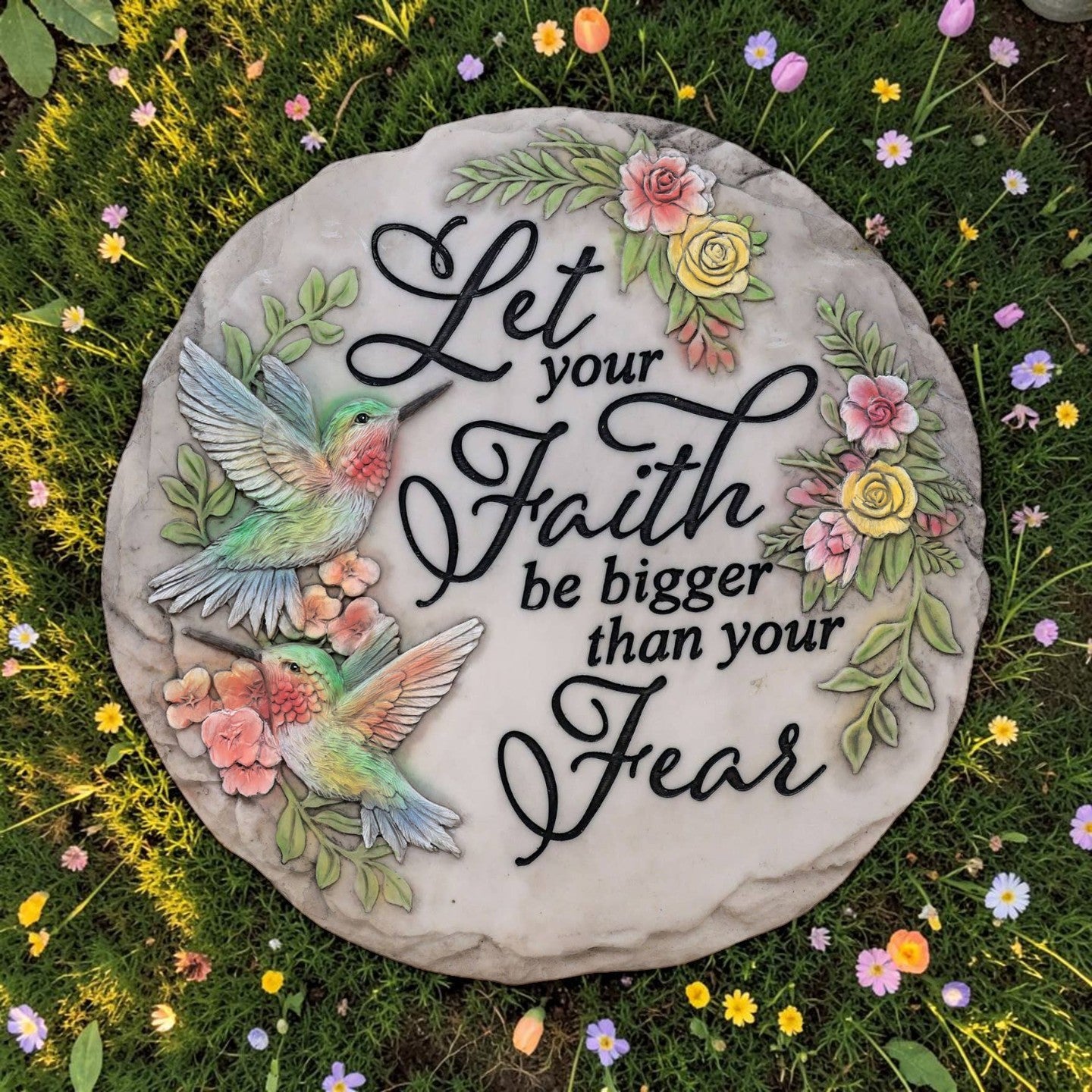 Mellow Monkey round stone plaque with hummingbirds and floral design featuring the quote Let Your Faith be Bigger