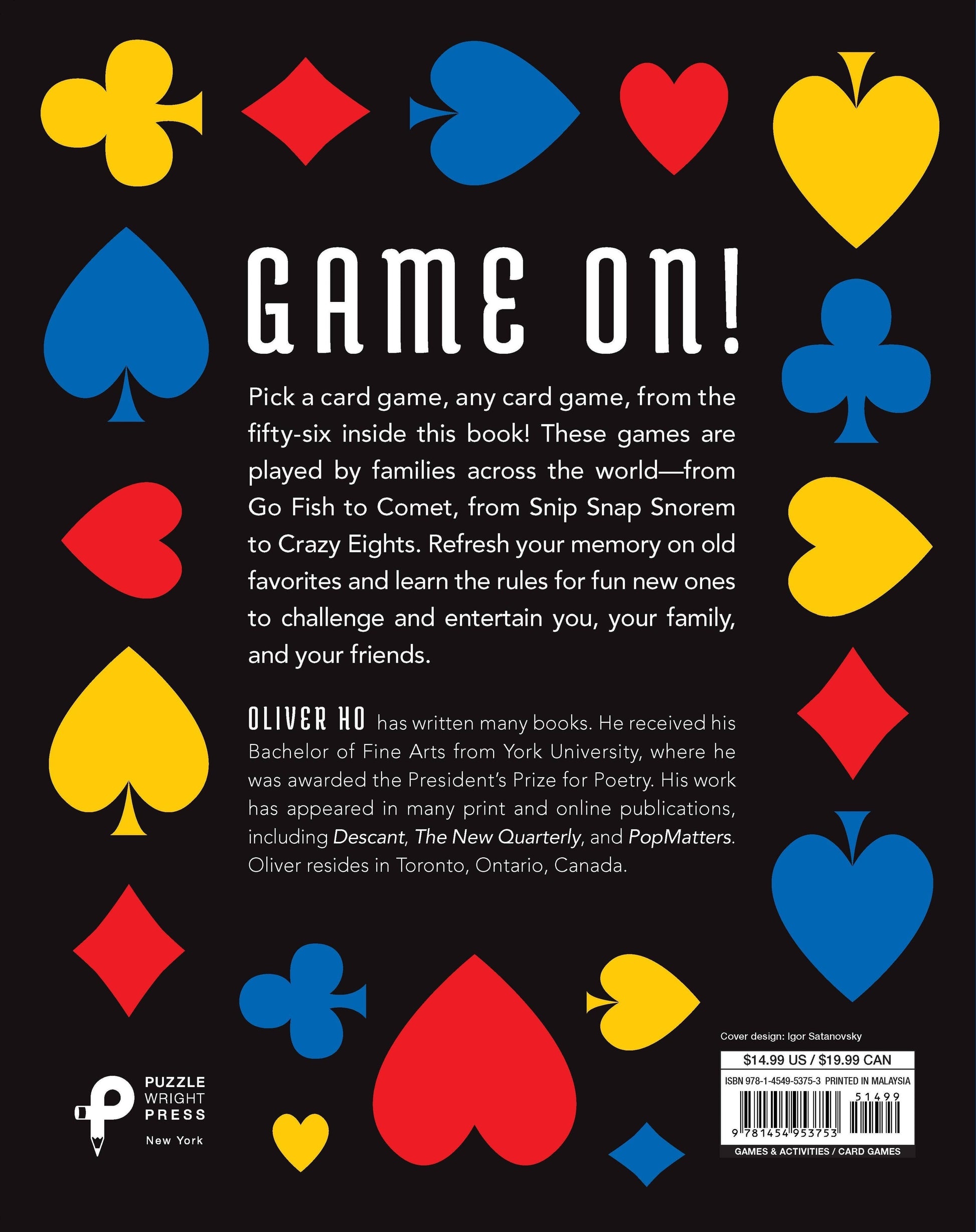 Mellow Monkey The Ultimate Book of Family Card Games back cover with colorful card suit icons on black background