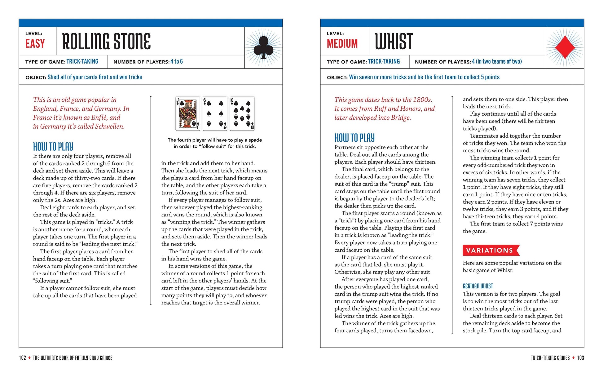 Mellow Monkey The Ultimate Book of Family Card Games showing rules for Rolling Stone and Whist card games