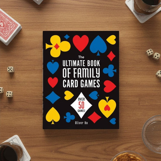 Mellow Monkey The Ultimate Book of Family Card Games with colorful suit icons on a wooden table with game accessories.