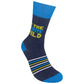 Mellow Monkey navy crew socks featuring the text I'm The Favorite Child in blue and lime green with striped details