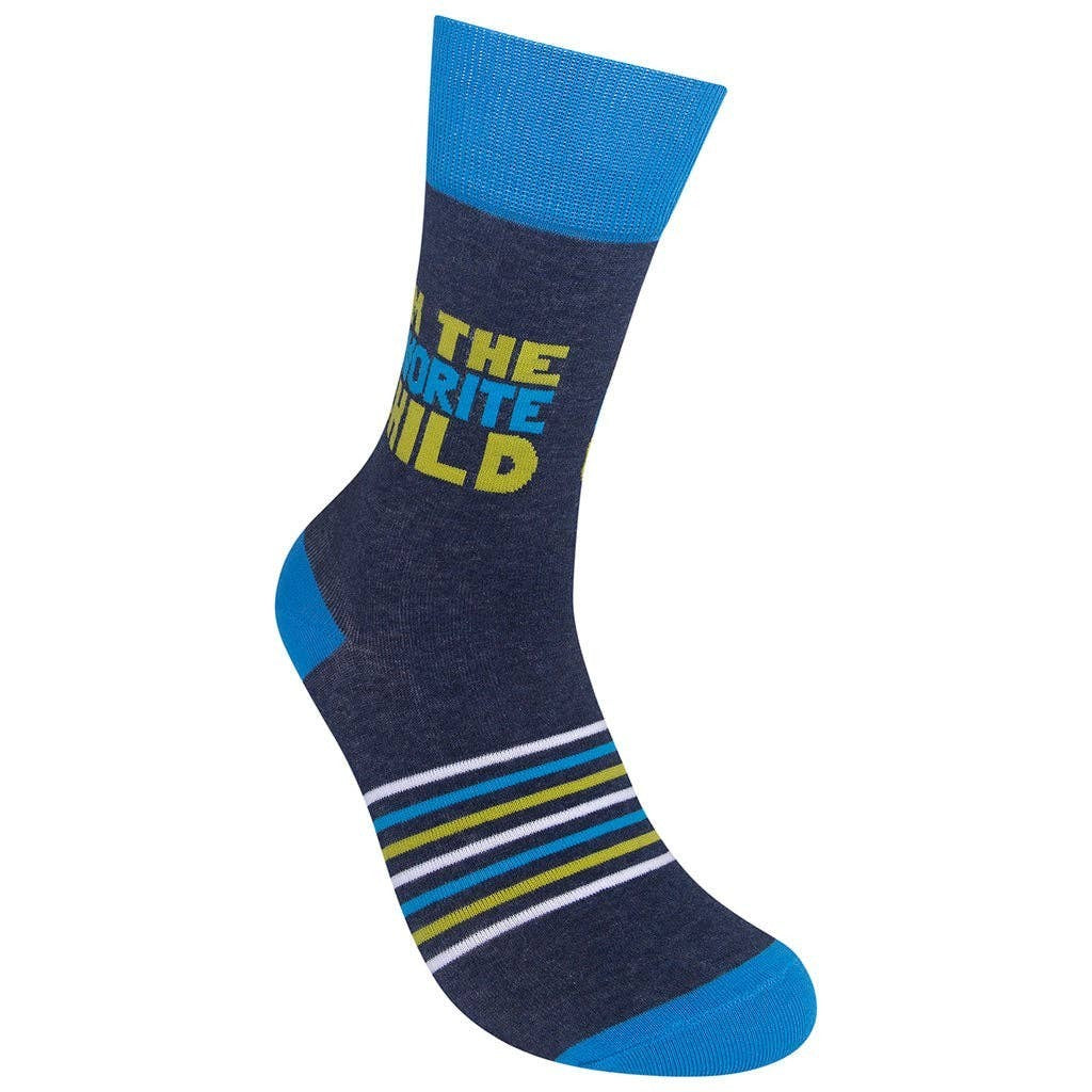 Mellow Monkey navy crew socks featuring the text I'm The Favorite Child in blue and lime green with striped details