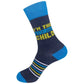 Mellow Monkey navy blue crew socks with I'm The Favorite Child text, lime green stripes, and light blue accents.
