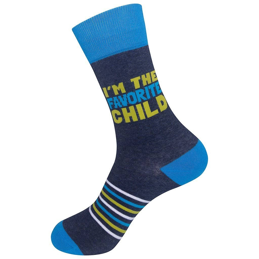Mellow Monkey navy blue crew socks with I'm The Favorite Child text, lime green stripes, and light blue accents.