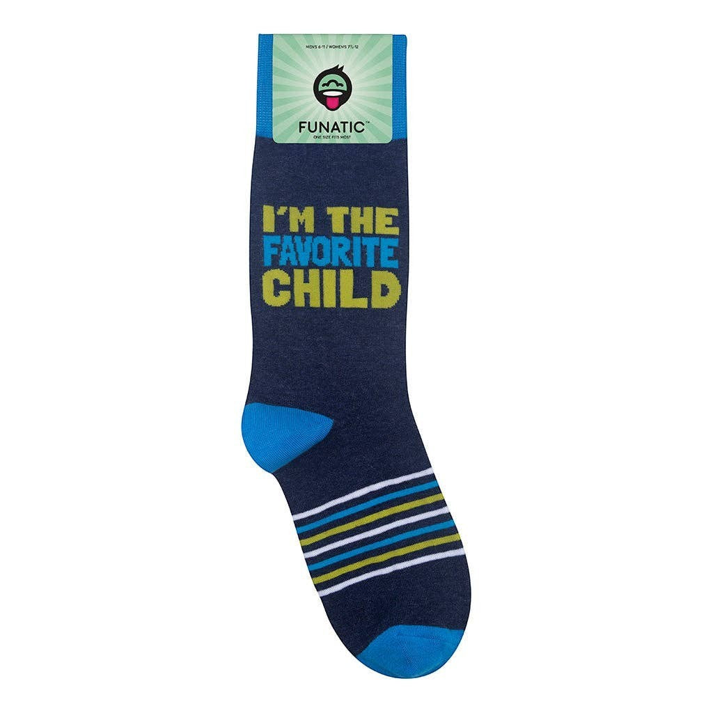 Mellow Monkey navy crew socks with I'm The Favorite Child text, blue heels, and lime green and white striped toes.